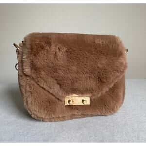 ASOS Faux Fur Crossbody Bag Purse Brown Fuzzy Gold Hardware Cute Preppy Kawaii